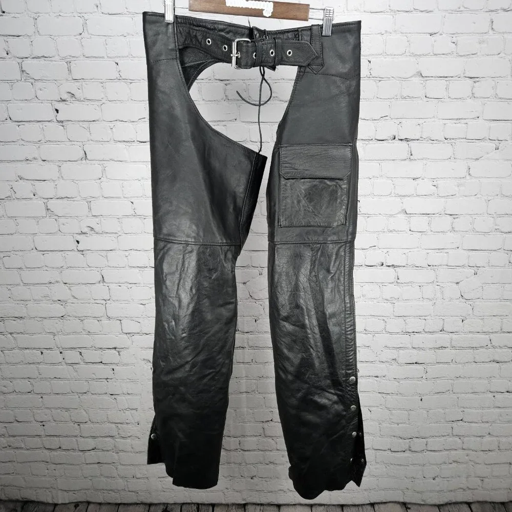Interstate Leather Black Belted Zip Snap Motorcycle Gear Chaps Pants Size XL